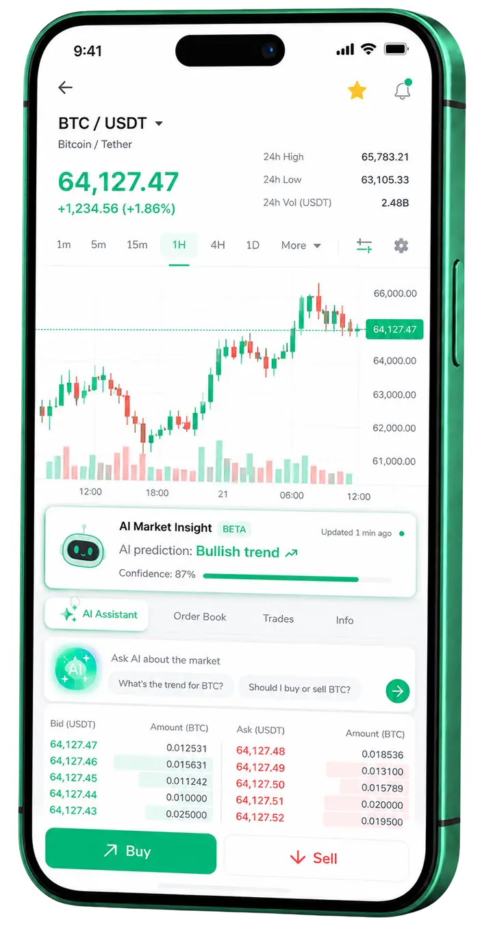 Qarfina — app móvil Pantalla móvil de trading en Qarfina